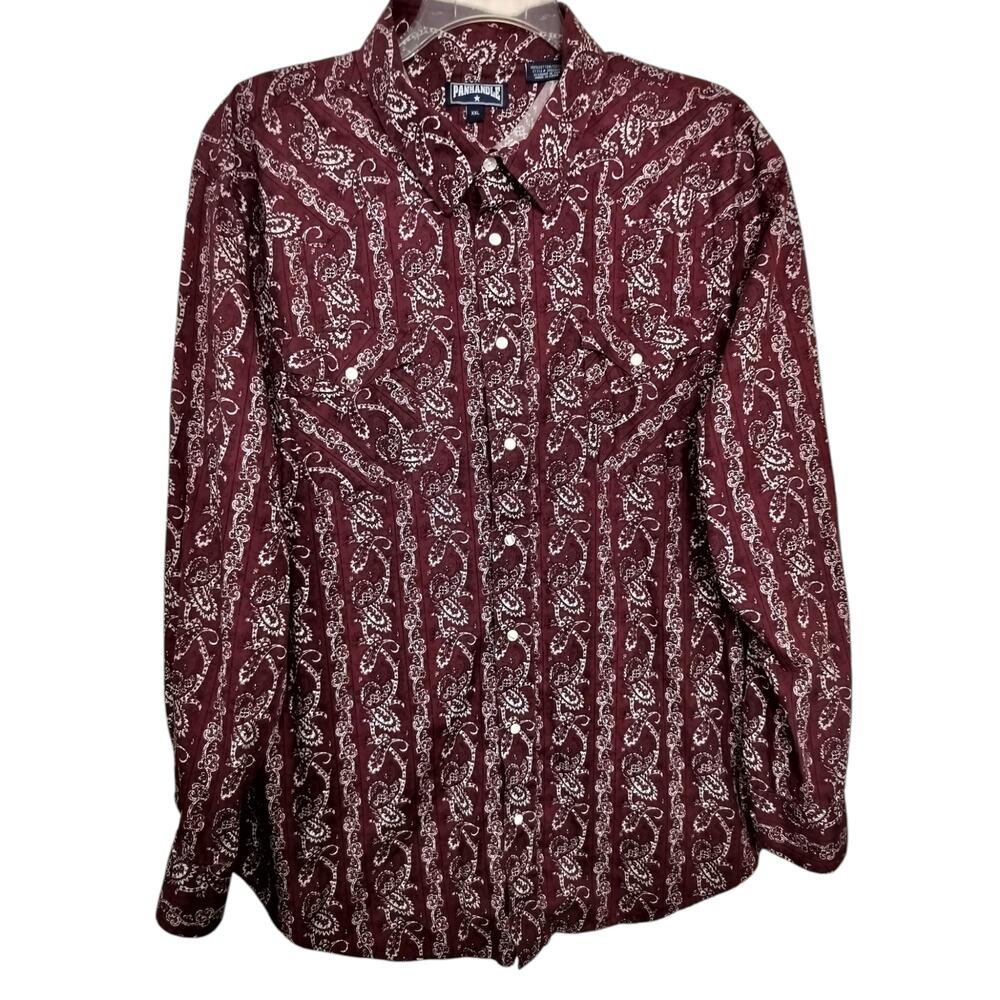M1173) Panhandle XXL Men Western Snap Maroon Paisley Long Sleeve Cotton Shirt